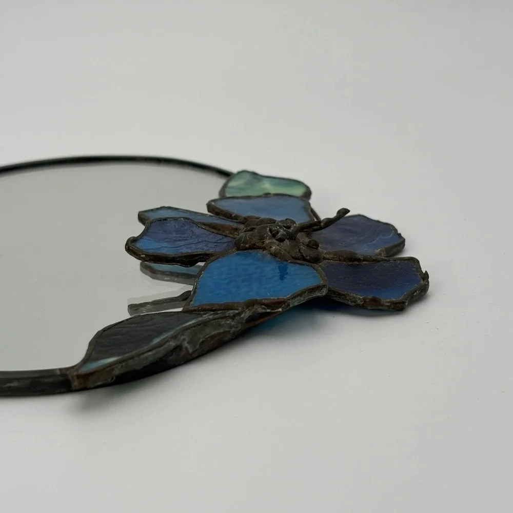 Vintage Handmade Stained Glass Mirror Blue Floral Signed Wall Decor 8x7 1996